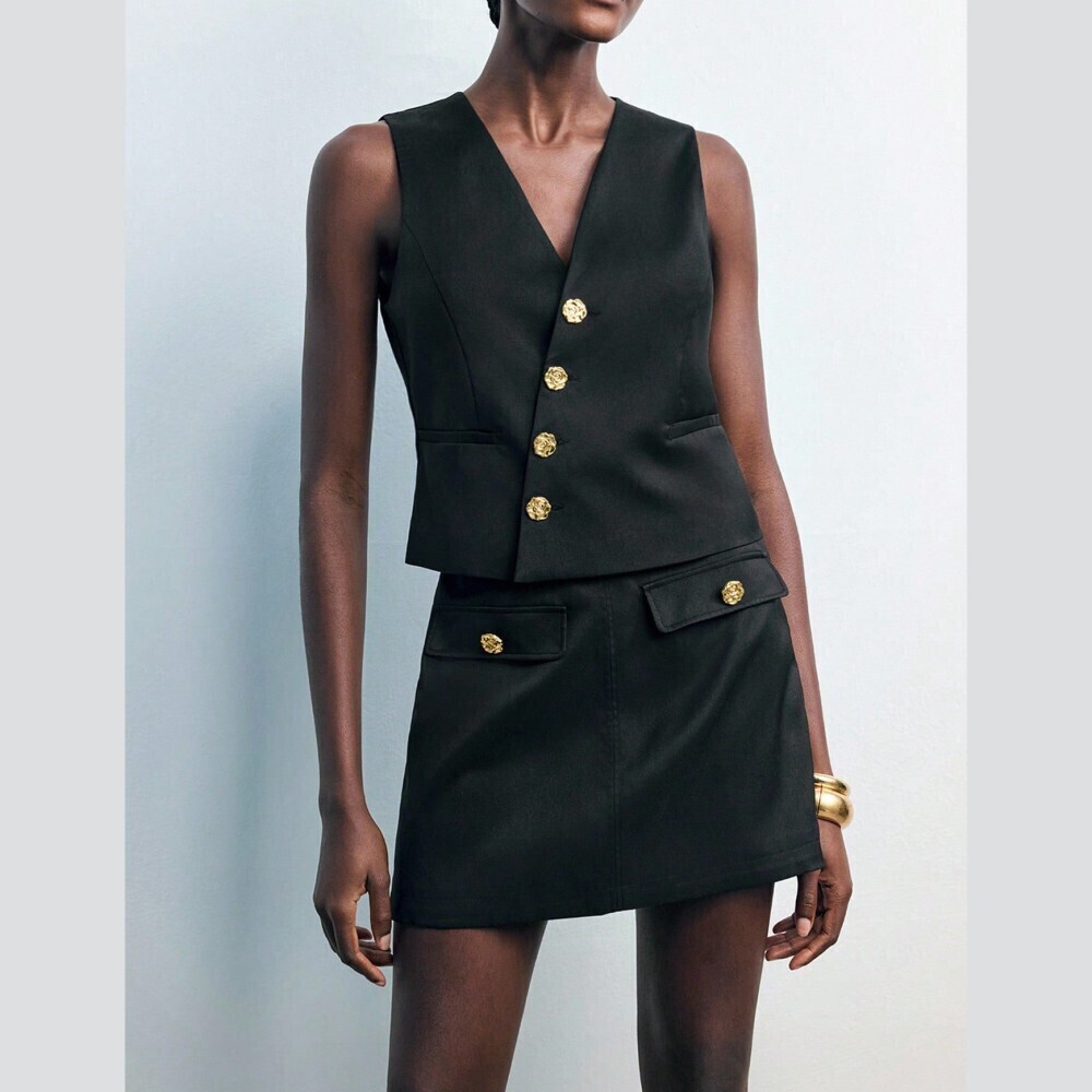 Black Gold Rose-Button Sleeveless V-Neck Vest and Flap Pocket Mini Skirt Set